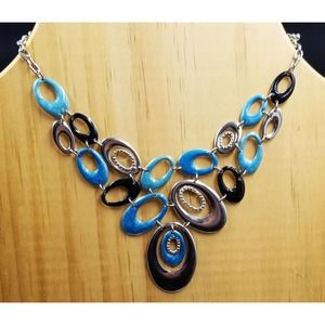 New York & Co Silvertone Blue Black Enamel Silver Ovals Bib Statement Necklace